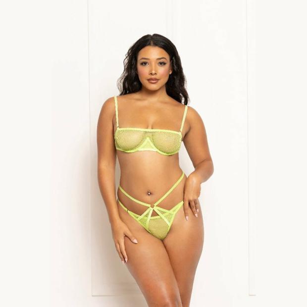 2 Pc Fishnet And Strappy Elastic Bra And Thong Set – One Size – Lime Lingerie